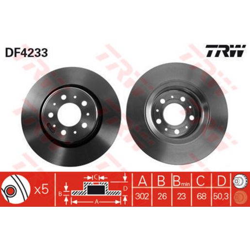 TRW — TRW Brake Rotor 302mm x 23 Min — part number DF4233S