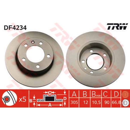 TRW — TRW Brake Rotor 305mm x 10.5 Min — part number DF4234S