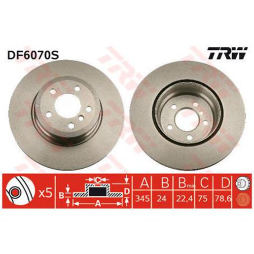 TRW — TRW Disc Brake Rotor 345mm x 22.4 Min — part number DF6070S