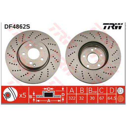 TRW — TRW Disc Brake Rotor Slotted/Perforated 322mm x 30 Min — part number DF4862S