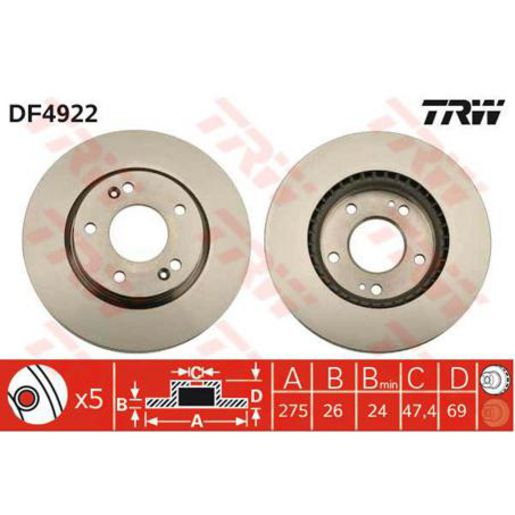 TRW — TRW Brake Rotor 275mm x 22 Min — part number DF4922S