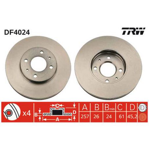 TRW — TRW Disc Brake Rotor Slotted 257mm x 24 Min — part number DF4024XSS