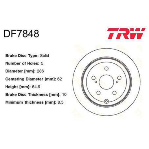 TRW — TRW Brake Rotor 286mm x 8.5 Min — part number DF7848S