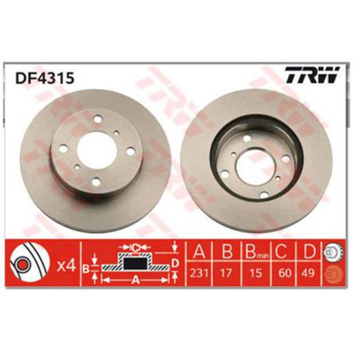 TRW — TRW Disc Brake Rotor 231mm x 15 Min — part number DF4315S