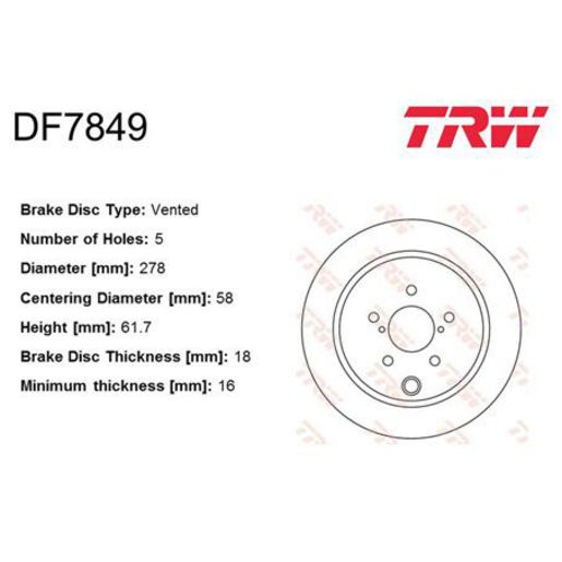 TRW — TRW Brake Rotor 278mm x 16 Min (170mm H/B) — part number DF7849S