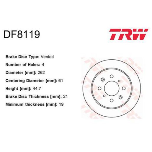 TRW — TRW Disc Brake Rotor 262mm x 19 Min — part number DF8119S