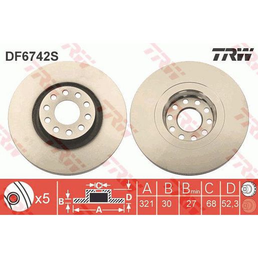 TRW — TRW Brake Rotor 321mm x 27 Min — part number DF6742S