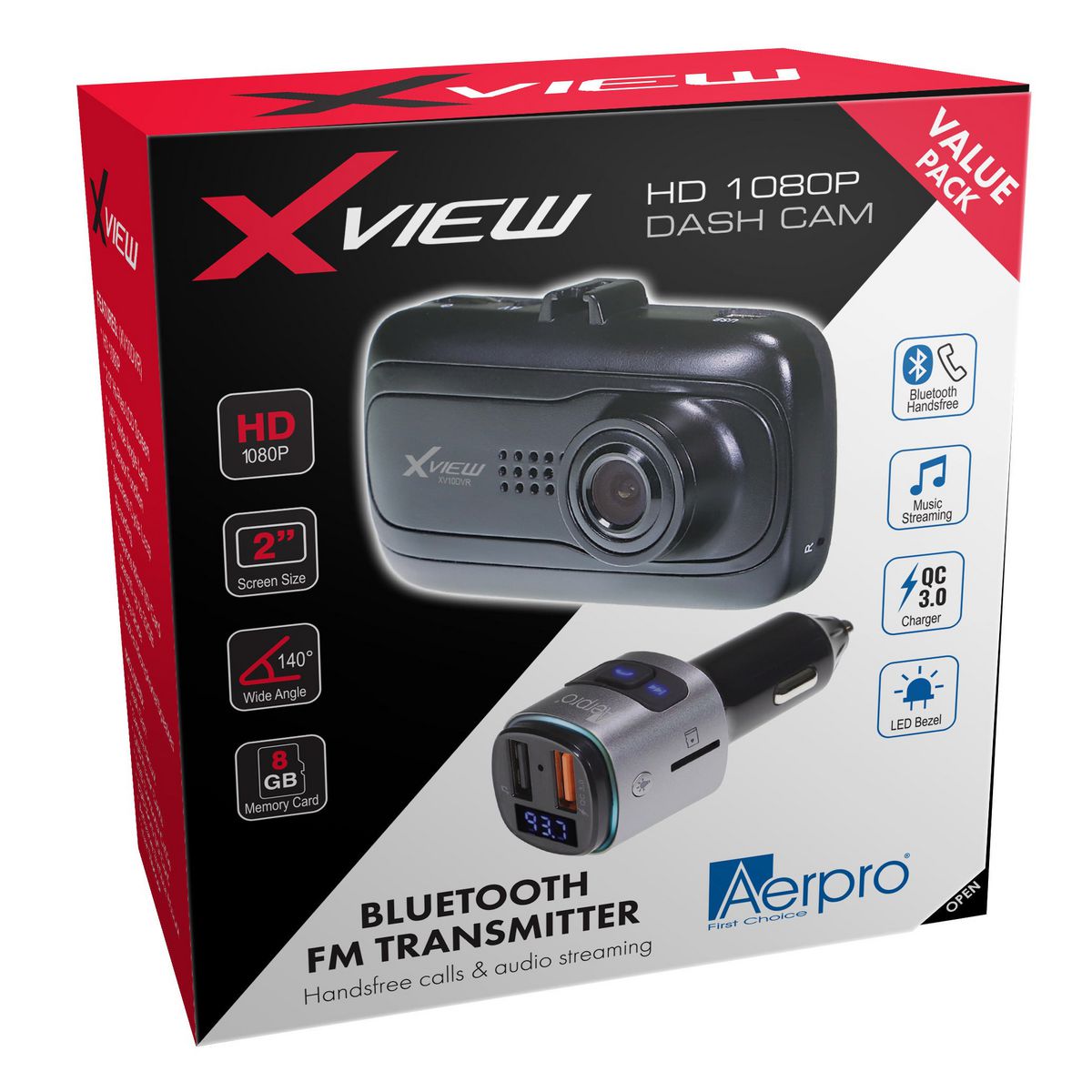 XVIEW — XView Dash Cam 1080P & AERPRO Bluetooth FM Transmitter Value Pack — part number XV10FMBT